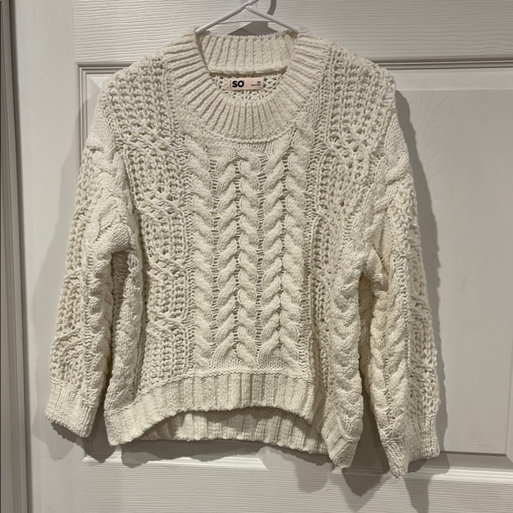 SO Textured Cable Crewneck Sweater in White